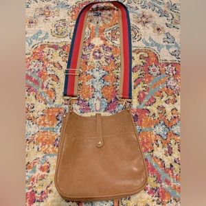 Light Brown faux leather crossbody brown Threaded Pear bag stripped strap